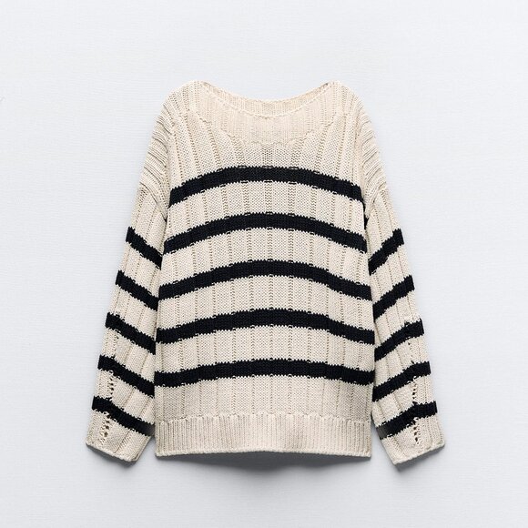 Zara chunky-knit cotton striped sweater, size S, cream/black - Picture 1 of 9